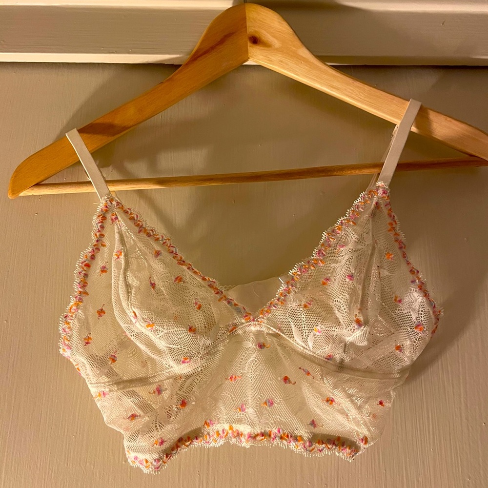 White & pink floral longline bralette